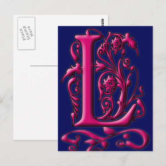 Postale Carte Monogramme initiale L Fuschia Navy (Devant / Derrière)