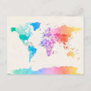 Postale Carte politique de l'aquarelle du monde