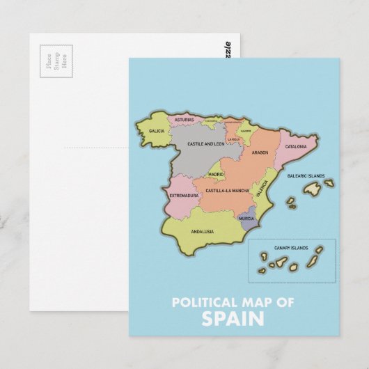 Postale Carte politique de l'Espagne. (Devant / Derrière)