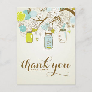 POSTALE CARTE POSTCARD MERCI EN BLEU ET JAUNES MASON JARS