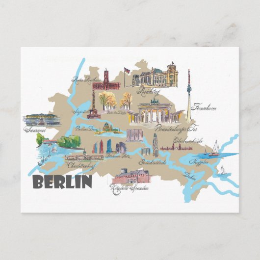 Postale Carte préférée de Berlin avec points forts tourist (Devant)