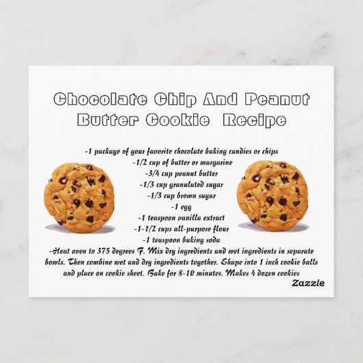 Postale Carte Recette Chocolat Chip Arachide Beurre Cookie (Dos)