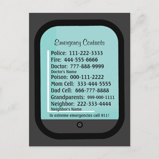 Postale Carte Réfrigérateur Contacts d'urgence (Devant)