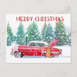 Postale Carte Rouge vintage En Neige