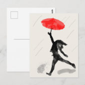 Postale Carte Sketch Fille Avec Parapluie Rouge (Devant / Derrière)