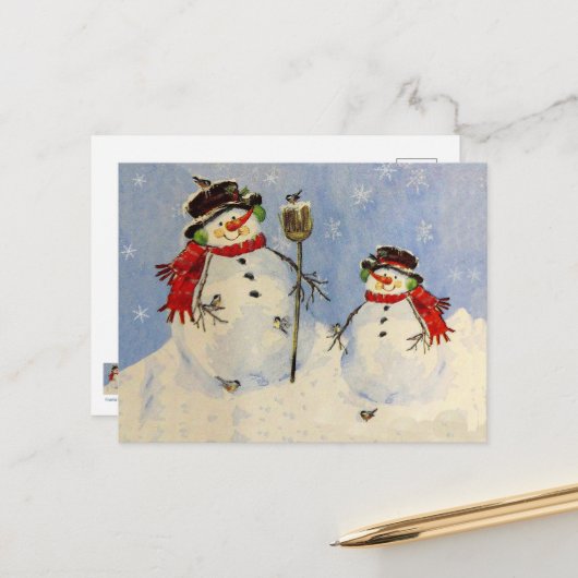 Postale Carte Snowman et Son (Devant/Arrière en situation)