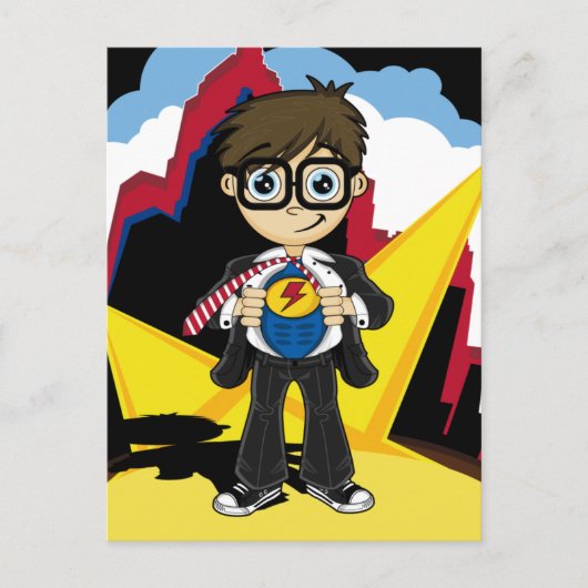 Postale Carte Superhero Boy in City (Devant)