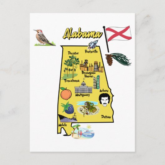 Postale Carte touristique de l'Alabama avec points de repè (Devant)
