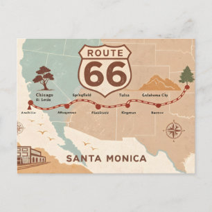 Postale Carte vintage de la route 66 avec des villes histo