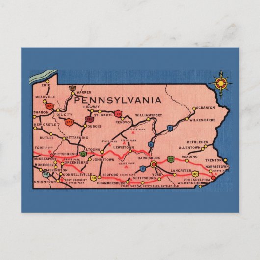 Postale Carte vintage de Pennsylvanie bleu (Devant)