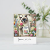 Postale Chat fleuriste avec carte penser à vous (Debout devant)