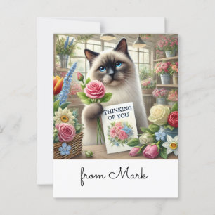 Postale Chat fleuriste avec carte penser à vous