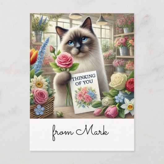 Postale Chat fleuriste avec carte penser à vous (Devant)