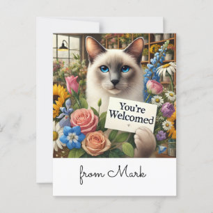 Postale Chat fleuriste avec carte Vous êtes accueilli avec