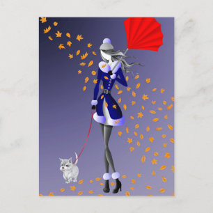 Postale Chien & Dame Feuilles d'automne Bleu Carte postal