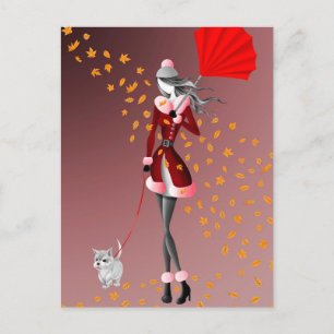 Postale Chien & Dame Feuilles d'automne rouges Carte posta