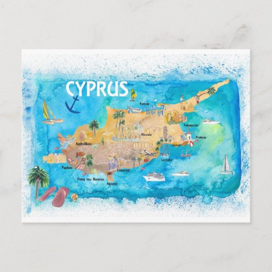 Postale Chypre Carte illustrée avec les principaux points (Devant)