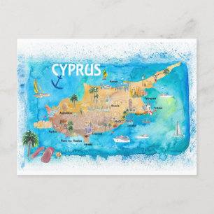 Postale Chypre Carte illustrée avec les principaux points 