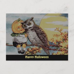 Postale Citrouille vintage garçon et hibou sur la carte po
