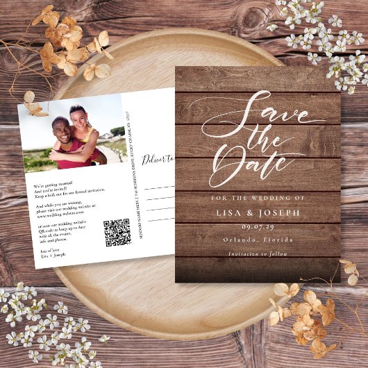 Postale Code QR de photo de bois rustique pour carte "Save