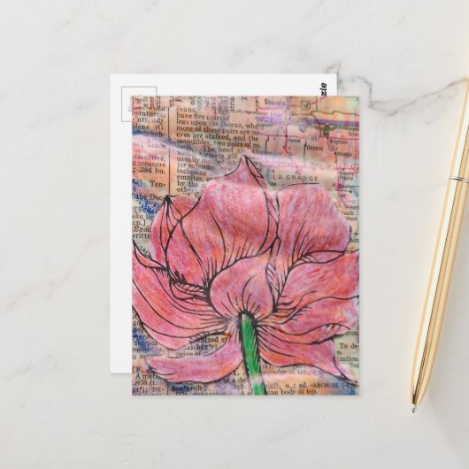 Postale Collage en techniques mixtes de carte de fleurs ro (Devant/Arrière en situation)