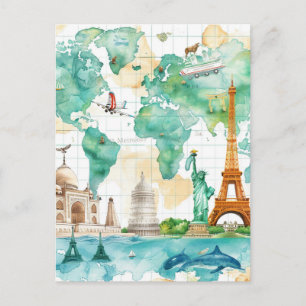 Postale Conception de voyage d'aventure de carte du monde