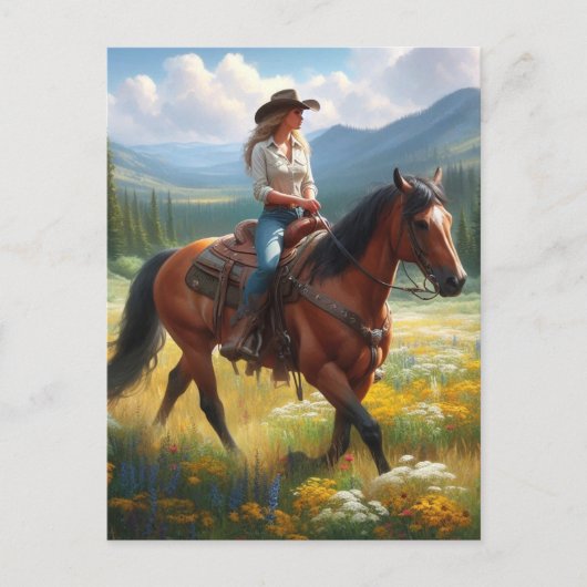 Postale Cowgirl équitation cheval à travers la carte posta (Devant)