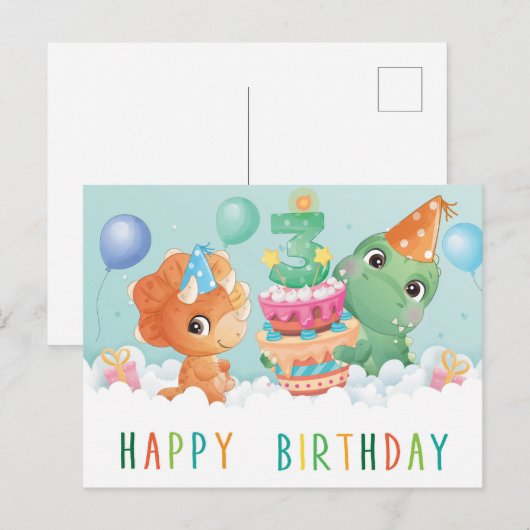 Postale Cute dinosaure 3ème anniversaire carte (Devant / Derrière)