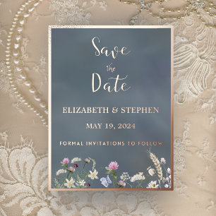 Postale De Vacances En Aluminium Vintage Dusty Blue Floral Foil Économisez La Carte