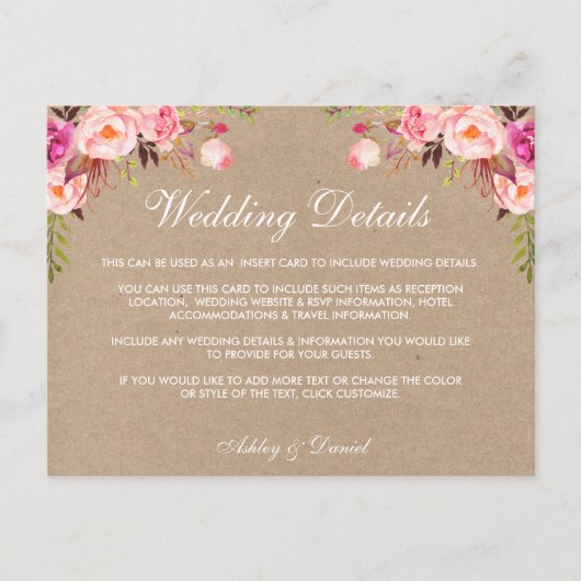 Postale Détails du Mariage rose Kraft Insérer une carte (Devant)