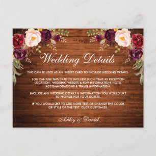 Postale Détails du Mariage rustique Carte Florale Bois Bou
