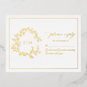Postale D'invitation À Feuilles D'aluminium Carte RSVP de mariage pour monogramme de crête dor