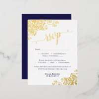 Elégant Gold Foil Marine Blue Wedding Carte RSVP