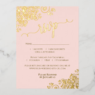 Postale D'invitation À Feuilles D'aluminium Elégant Gold Foil sur Blush Pink Wedding Carte RSV