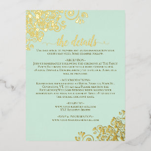 Postale D'invitation À Feuilles D'aluminium Elegant Mint Green Gold Foil Mariage Détails Carte