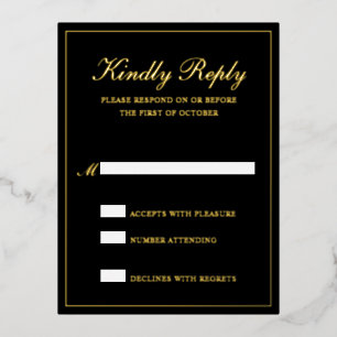 Postale D'invitation À Feuilles D'aluminium Elégante Black Gold Foil carte de mariage formelle