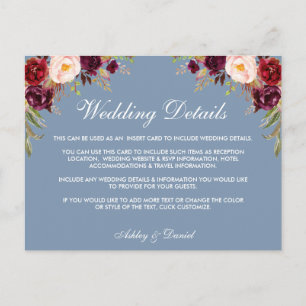 Postale Dusty Blue Bourgogne Floral Mariage Détails Carte