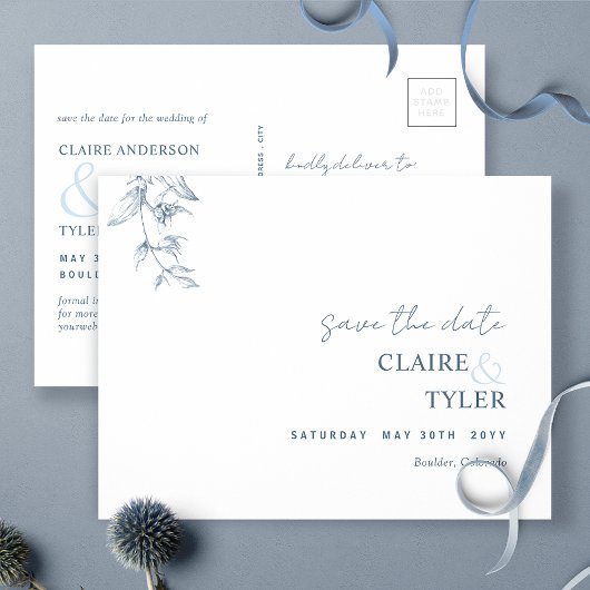 Postale Élégant Minimal, Carte de mariage bleue Save The D