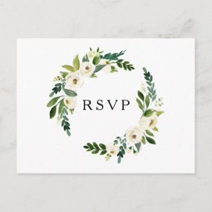 Postale Elégante Roses Blanches Verdure Mariage RSVP Carte