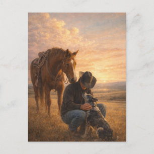 Postale En bonne compagnie Cow-boy Cheval Chien Carte