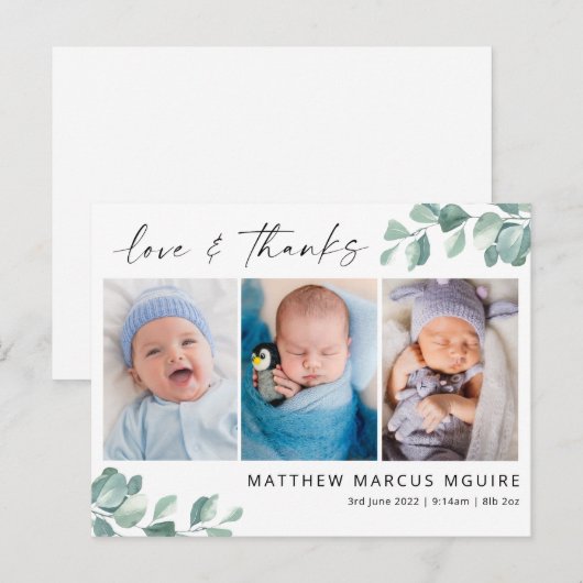 Postale Eucalyptus bébé carte de remerciements, script mer (Devant / Derrière)