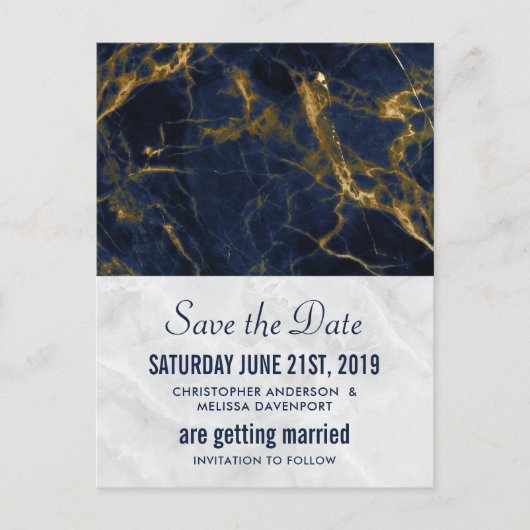 Postale Événement mariage moderne bleu marine et or, carte (Devant)