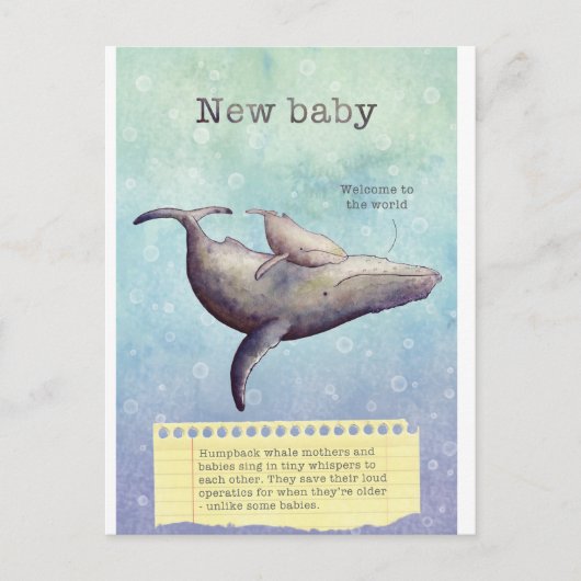 Postale Faire-part Adorable mère et baleine. Nouvelle carte bébé. (Devant)
