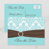 Postale Faire-part Aqua Blue, Brown, blanc Damas Enregistrer la carte (Devant / Derrière)