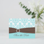 Postale Faire-part Aqua Blue, Brown, blanc Damas Enregistrer la carte (Debout devant)