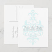 Postale Faire-part Aqua Subtle Damask Enregistrer la date Carte posta (Devant / Derrière)