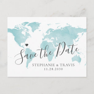 Postale Faire-part Aquarelle bleu turquoise Carte du monde Enregistre