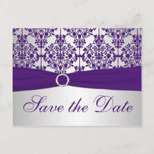 Postale Faire-part Argent et pourpre Damask Enregistrer la carte Date