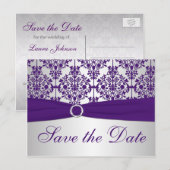 Postale Faire-part Argent et pourpre Damask Enregistrer la carte Date (Devant / Derrière)
