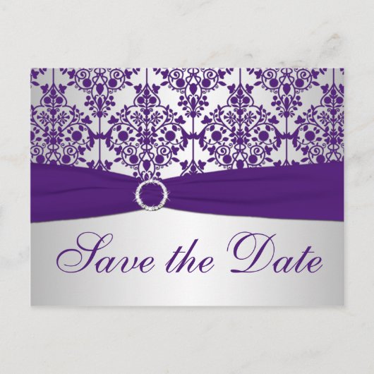 Postale Faire-part Argent et pourpre Damask Enregistrer la carte Date (Devant)